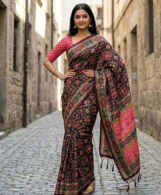black color assam silk blend designer printed fancy girlie festive rich saree 1