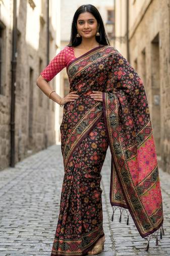 black color assam silk blend designer printed fancy girlie festive rich saree