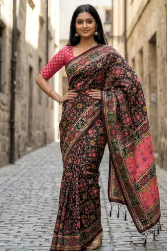 black color assam silk blend designer printed fancy girlie festive rich saree