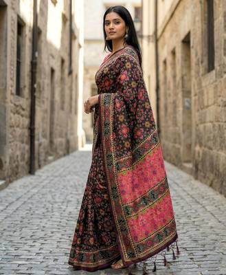 black color assam silk blend designer printed fancy girlie festive rich saree 2
