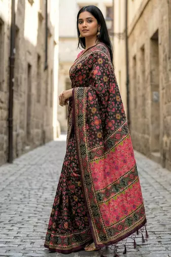 black color assam silk blend designer printed fancy girlie festive rich saree