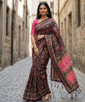 black color assam silk blend designer printed fancy girlie festive rich saree 3