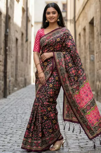 black color assam silk blend designer printed fancy girlie festive rich saree