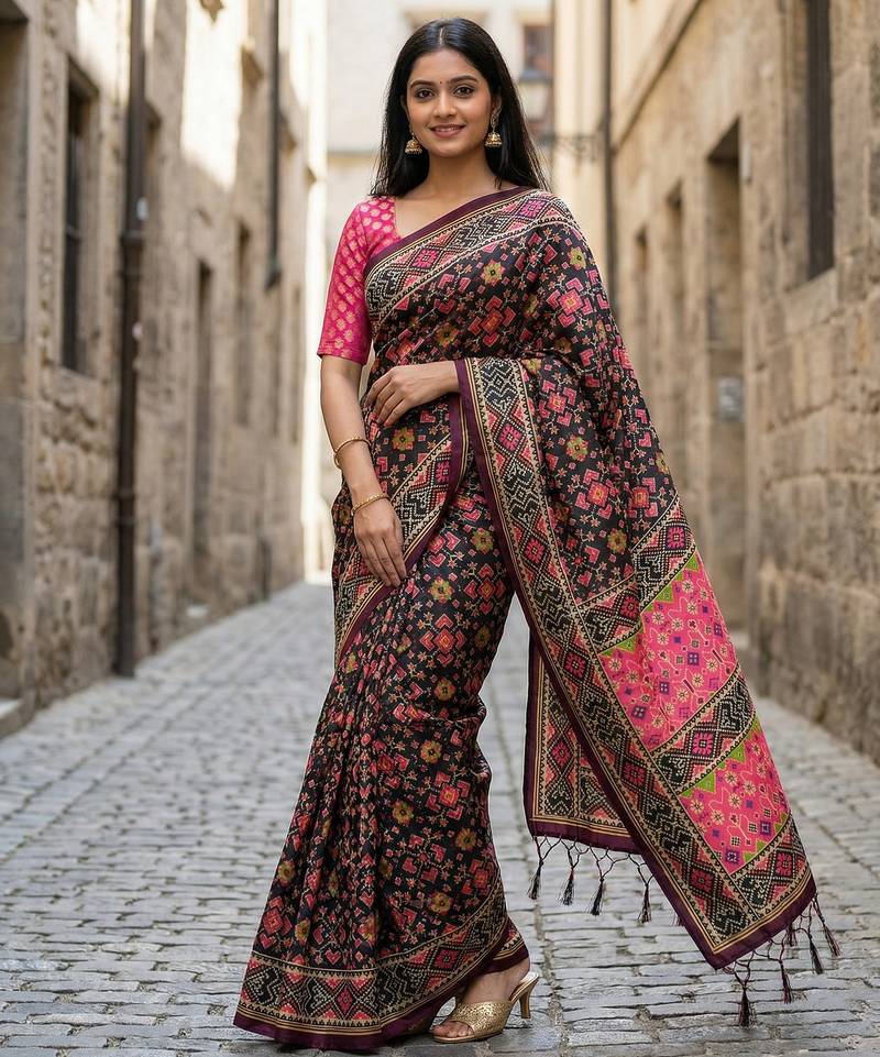 black color assam silk blend designer printed fancy girlie festive rich saree