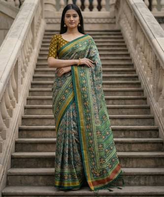 green color assam silk blend designer printed fancy girlie festive rich saree 1