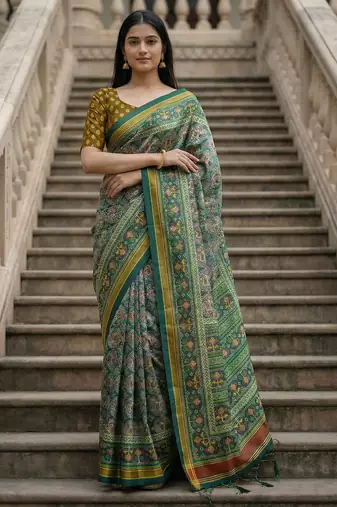 green color assam silk blend designer printed fancy girlie festive rich saree