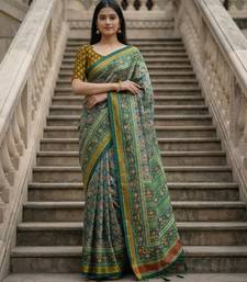 green color assam silk blend designer printed fancy girlie festive rich saree