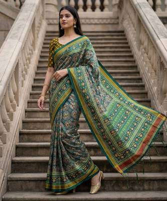 green color assam silk blend designer printed fancy girlie festive rich saree 2