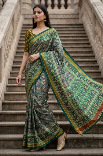 green color assam silk blend designer printed fancy girlie festive rich saree
