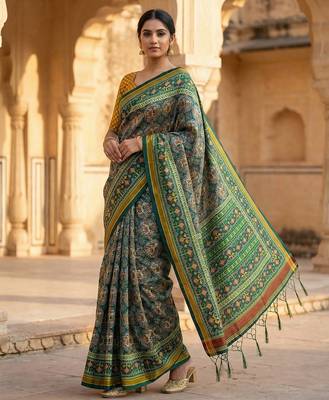 green color assam silk blend designer printed fancy girlie festive rich saree 3