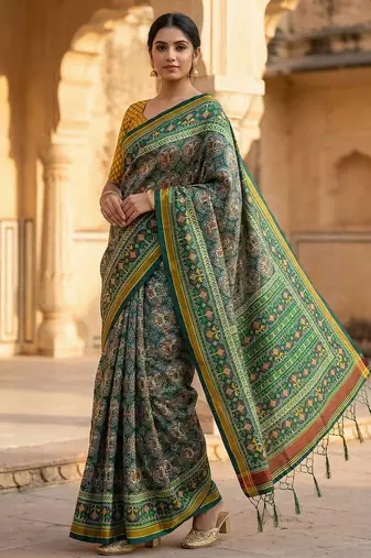 green color assam silk blend designer printed fancy girlie festive rich saree