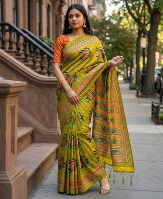 parrot green color assam silk blend designer printed fancy girlie festive rich saree 1