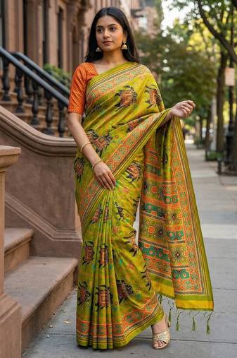 parrot green color assam silk blend designer printed fancy girlie festive rich saree