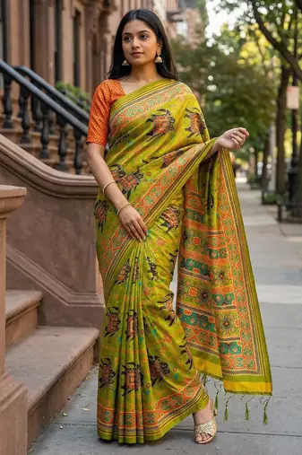 parrot green color assam silk blend designer printed fancy girlie festive rich saree