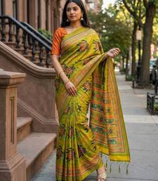 parrot green color assam silk blend designer printed fancy girlie festive rich saree