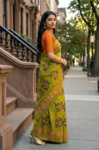 parrot green color assam silk blend designer printed fancy girlie festive rich saree