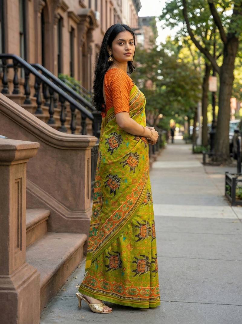 parrot green color assam silk blend designer printed fancy girlie festive rich saree