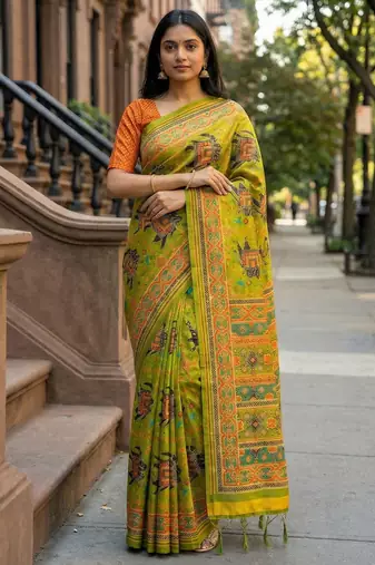 parrot green color assam silk blend designer printed fancy girlie festive rich saree