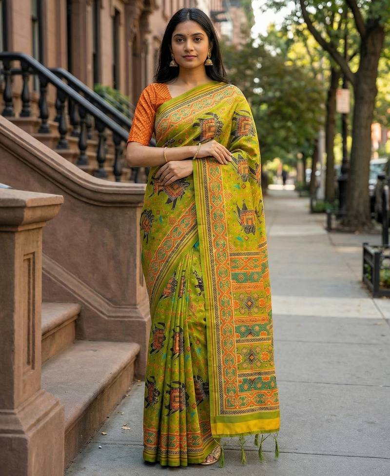 parrot green color assam silk blend designer printed fancy girlie festive rich saree