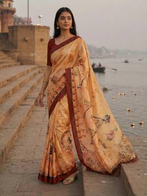 yellow color assam silk blend designer printed fancy girlie festive rich saree 1