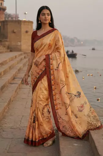 yellow color assam silk blend designer printed fancy girlie festive rich saree