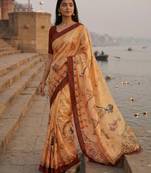 yellow color assam silk blend designer printed fancy girlie festive rich saree