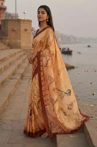 yellow color assam silk blend designer printed fancy girlie festive rich saree