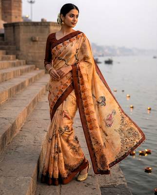 yellow color assam silk blend designer printed fancy girlie festive rich saree 3