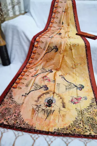 yellow color assam silk blend designer printed fancy girlie festive rich saree