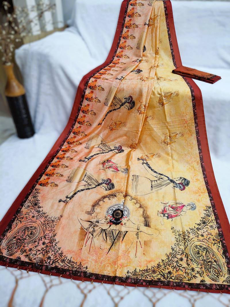 yellow color assam silk blend designer printed fancy girlie festive rich saree