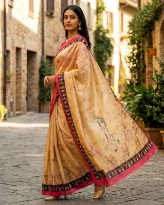 yellow color assam silk blend designer printed fancy girlie festive rich saree 2