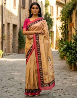 yellow color assam silk blend designer printed fancy girlie festive rich saree 3