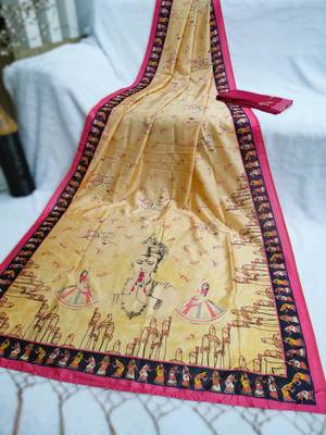 yellow color assam silk blend designer printed fancy girlie festive rich saree 4