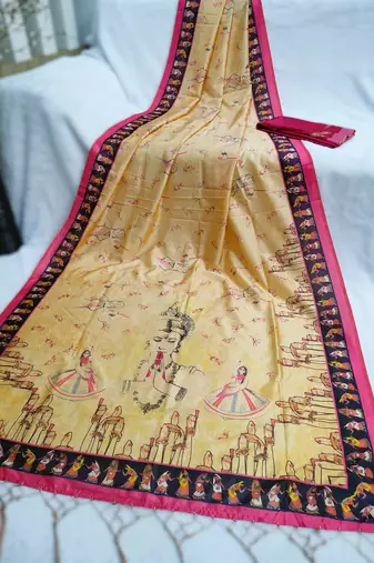 yellow color assam silk blend designer printed fancy girlie festive rich saree
