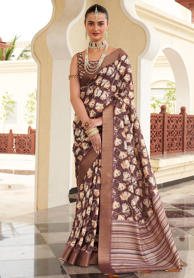 brown color dola silk blend beautiful fancy ceremonial saree