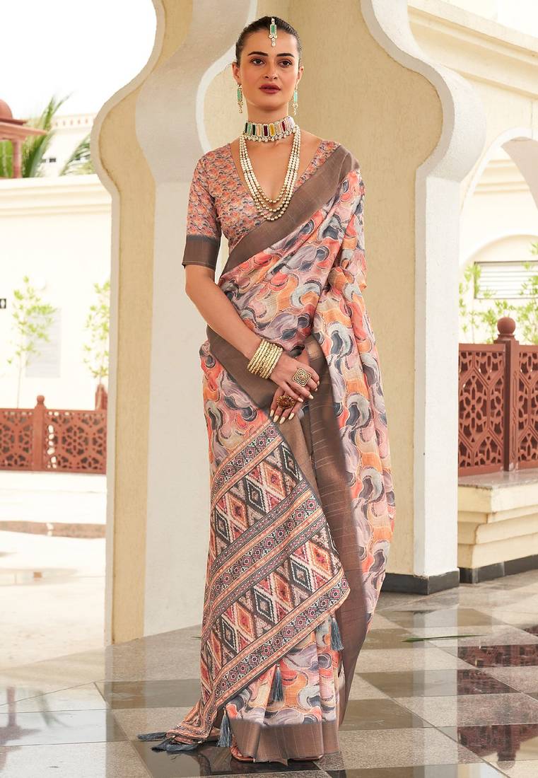 orange color dola silk blend beautiful fancy ceremonial saree