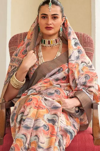 orange color dola silk blend beautiful fancy ceremonial saree