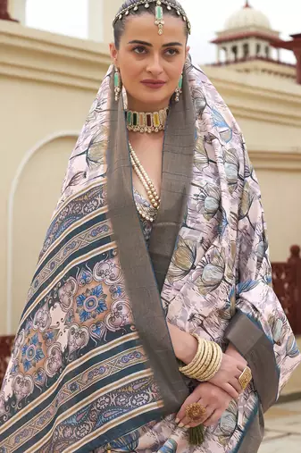 grey color dola silk blend beautiful fancy ceremonial saree