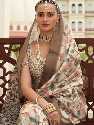 cream color dola silk blend beautiful fancy ceremonial saree 2