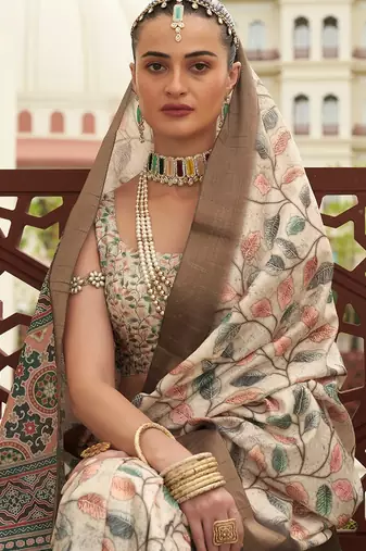 cream color dola silk blend beautiful fancy ceremonial saree