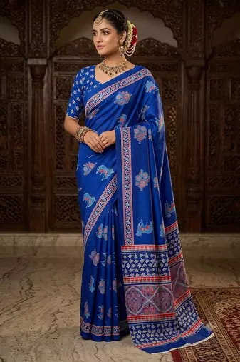 blue color crepe  saree with smart digital print
