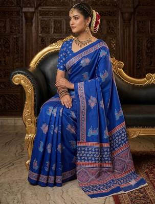 blue color crepe  saree with smart digital print 3
