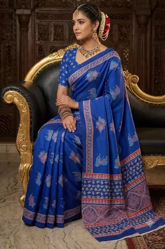 blue color crepe  saree with smart digital print