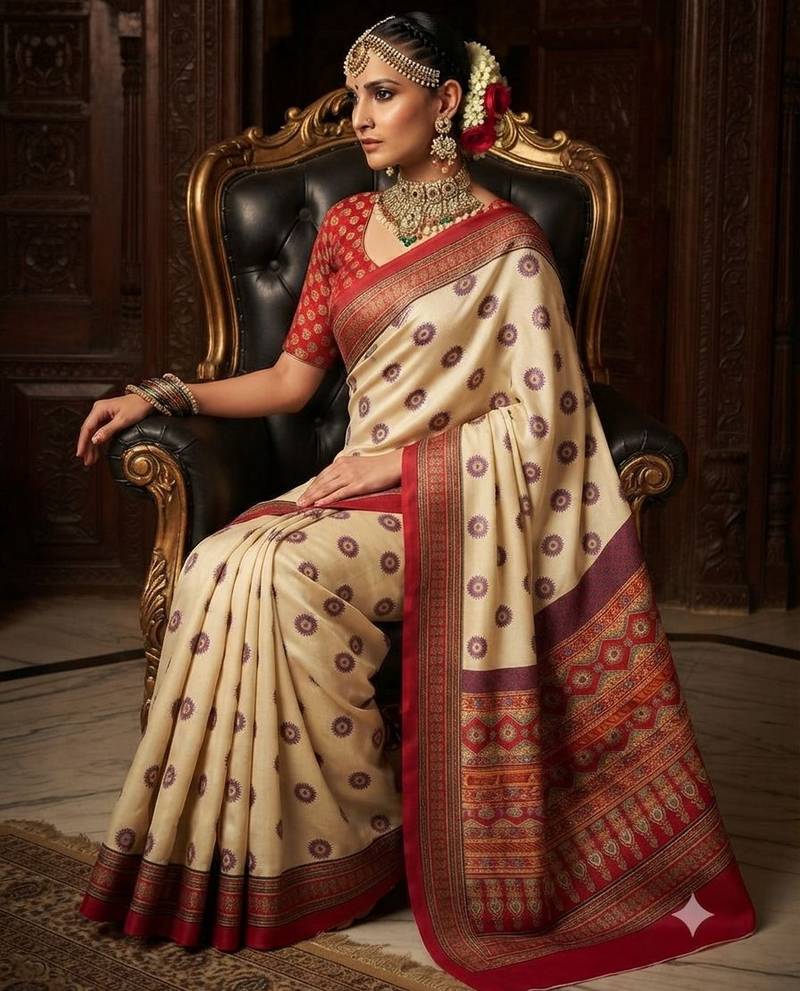 cream color crepe  saree with smart digital print
