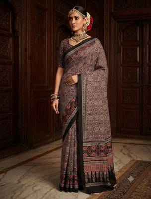 brown color crepe  saree with smart digital print 1
