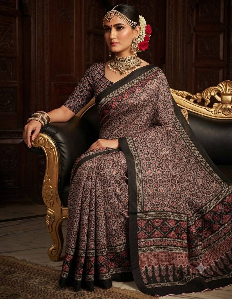 brown color crepe  saree with smart digital print