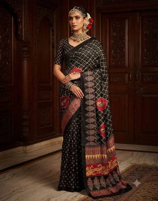 black color crepe  saree with smart digital print 1
