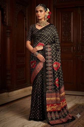 black color crepe  saree with smart digital print