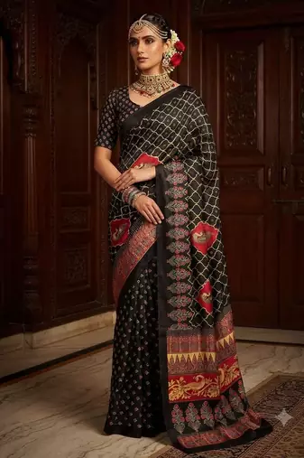 black color crepe  saree with smart digital print