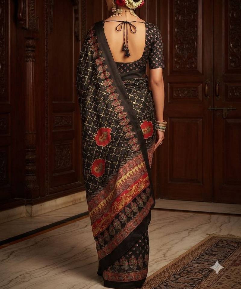 black color crepe  saree with smart digital print